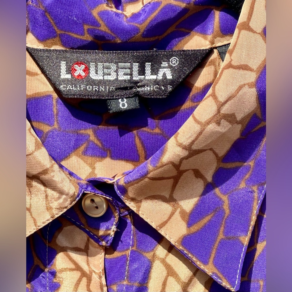 Vintage LouBella Baroque Chain Print Satin Blouse Gold Purple Sz 8 - Picture 4 of 9
